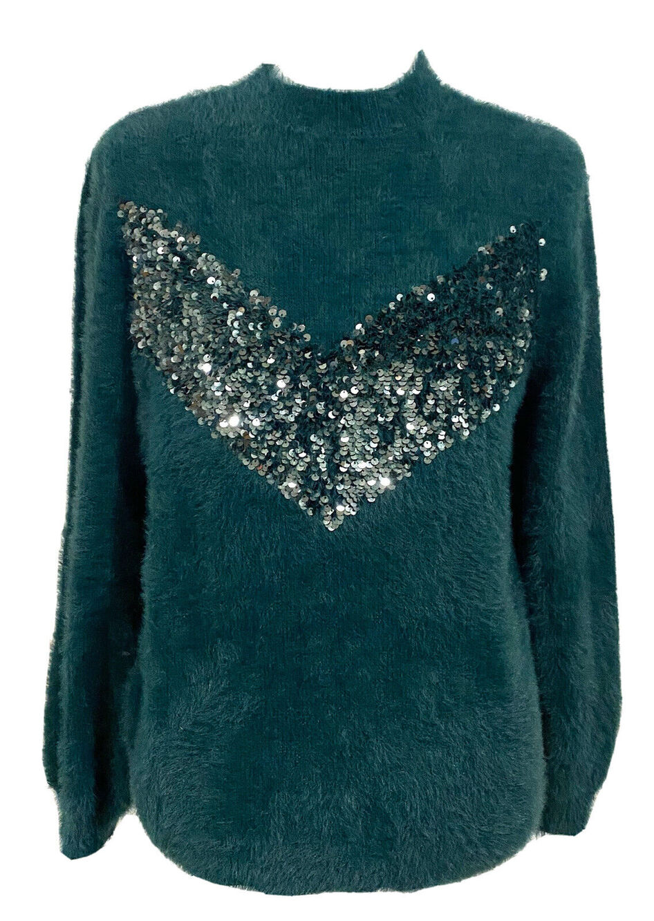 Cara Santana x Nine West Emerald Green Sequin Sweater Fuzzy Soft Women’s Sz M